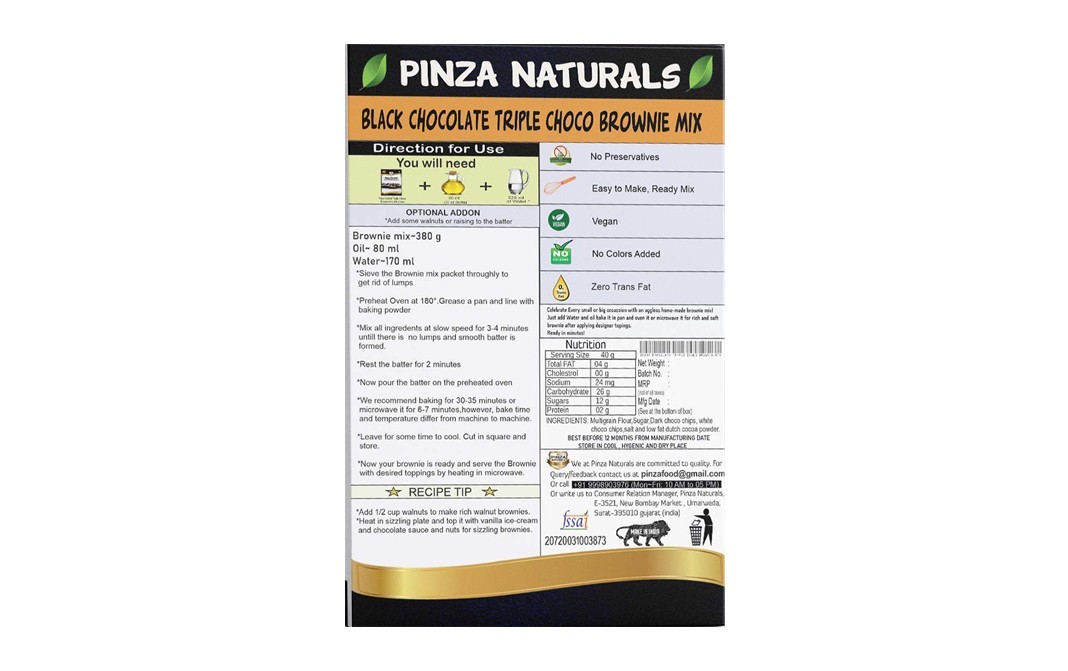 Pinza Naturals Black Chocolate Triple Choco Brownie Mix   Box  380 grams